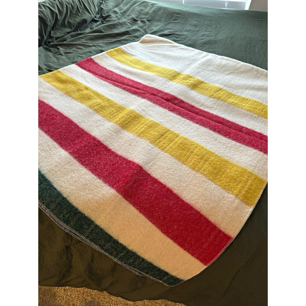 Vintage Woolrich 70”x59” Wool Blanket Throw White Red Yellow Green Striped